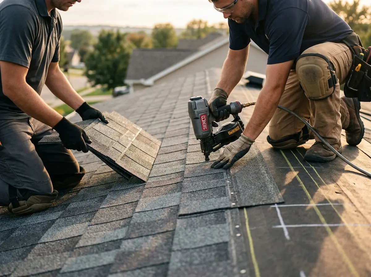 Professional roofer working on a residential roof in North Branford